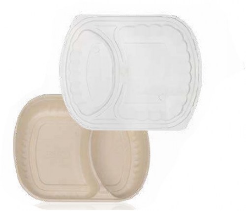 Lunch Box Microwave with Compartment  Sugarcane + Lid PP (Σκεύος Φαγητού Οβάλ με χώρισμα κατάλληλο για φούρνο Μικροκυμάτων από Ζαχαροκάλαμο με καπάκι PP)